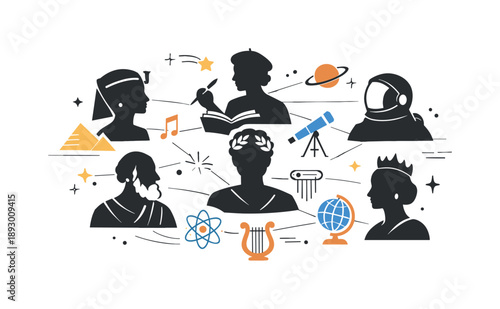 Cultural History Silhouettes. Cultural History Silhouettes. Abstract silhouettes of historical figures connected by thin lines and symbols representing