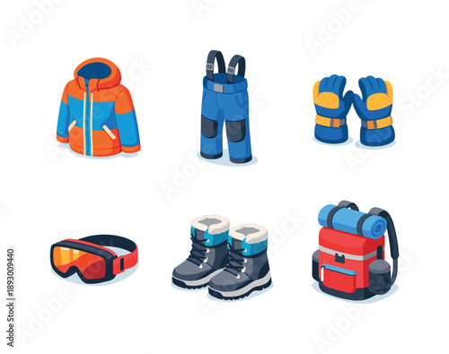 Snow Gear Icons. Snow Vacation Gear. Isometric flat vector icons set of snow vacation gear: ski jacket, snow pants, insulated gloves, ski goggles, winter
