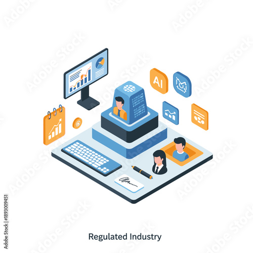 Isometric illustration of a regulated industry workspace with computer and documents.