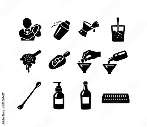Drink Preparation Icons. Drink Preparation. Solid icon set of Drink Preparation: bartender preparing drink, shaker shake, jigger pour, mixing glass stir,