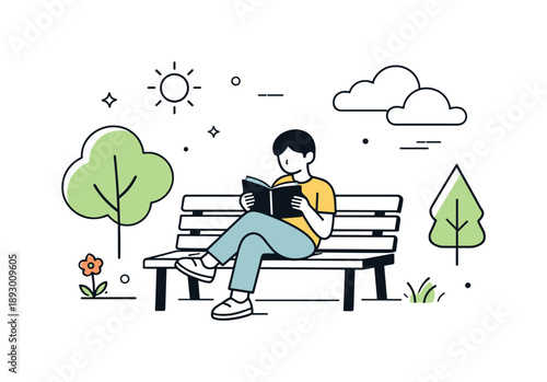 Serene Park Reading. Outdoor leisure scene. A person reading a book on a park bench, legs relaxed, enjoying quiet time outside. Peaceful mood, slow pace, and