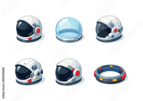 Space Suit Icons. Space Suit Components. Isometric flat vector icons set of Space Suit Components: sealed astronaut helmet, clear bubble visor, side-view