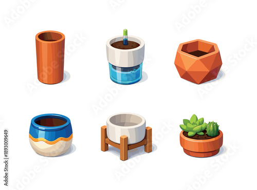 Colorful Plant Pots Grid. Plant pots. Isometric flat vector icons set of Plant pots: tall cylinder planter, self-watering pot, geometric hex pot, glazed