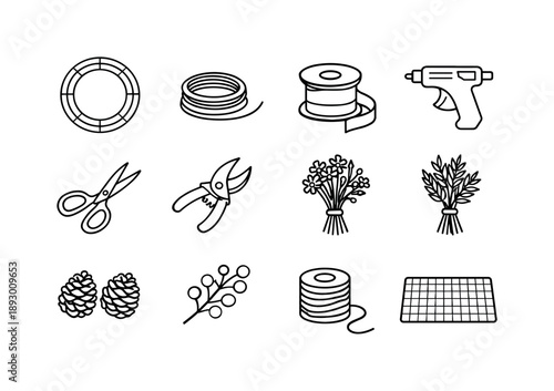 Wreath-Making Icon Set. Wreath-making supplies. Line icon set of Wreath-making supplies: wire frame, floral wire, ribbon spool, glue gun, scissors, pruning