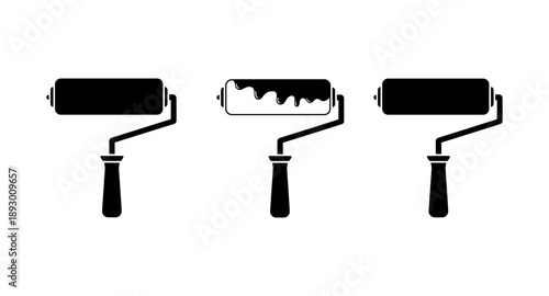 Set of three black paint roller icons on a white background