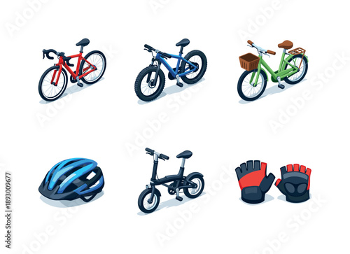 Bicycle Gear Icons. Bicycle and helmet. Isometric flat vector icons set of Bicycle and helmet: road bike, mountain bike, city commuter bike, foldable bicycle,