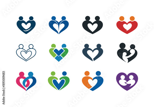 Mentorship Logo Variations. Mentorship and support networks. Icon set. Set Logo of mentorship and support networks: heart connecting figures. harmonious logo