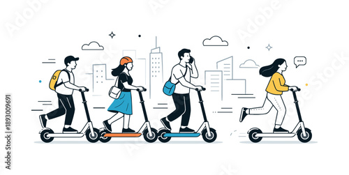 Scooter City Flow. Group riding scooters city lifestyle. Abstract city background with scooters and people moving in one direction. Flow, convenience, and