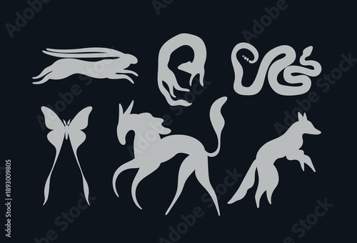 Animals set rabbit ferret snake butterfly horse dog fox in minimalist modern art style black