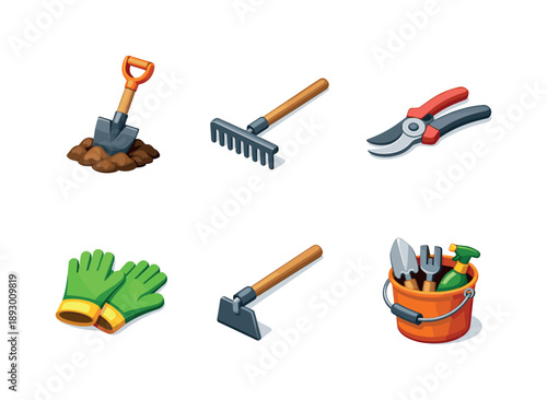 Garden Tool Icons. Tools. Isometric flat vector icons set of Tools: shovel emerging from ground, metal rake, pruning shears, gardening gloves, wooden handle