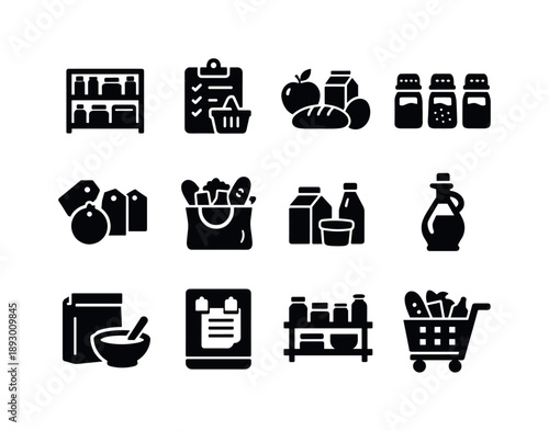 Kitchen Restock Icons. Kitchen Restock. Solid icon set of Kitchen Restock: pantry refill, shopping board, food icons, spice jars, grocery labels, market bag,