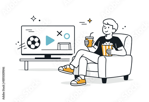 Game Time Relaxation. Watching the game. A character sitting comfortably with a drink or snack, a simple screen showing abstract game elements. The