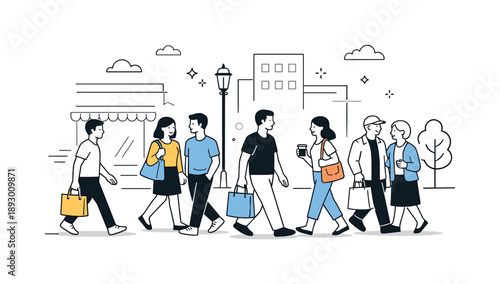 Urban Life Motion. City street pedestrians. People walking past buildings, some carrying bags, others casually chatting while moving forward. Everyday urban