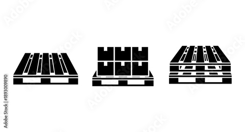 Set of three black and white icons depicting shipping pallets and stacked boxes