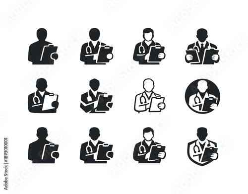 Doctor Logo Variations. Doctor consultation. Icon set. Set Logo of doctor consultation: doctor with clipboard. harmonious logo variations of the same