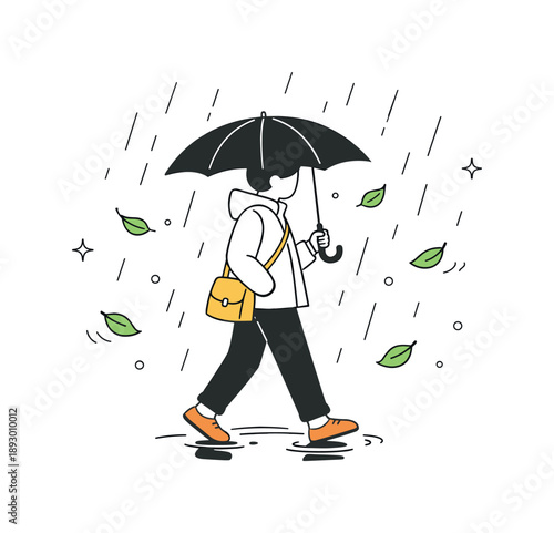 Spring Rain Stroll. Rainy spring day. A person walking under an umbrella with light rain falling and small spring leaves floating around. Calm reflective mood,