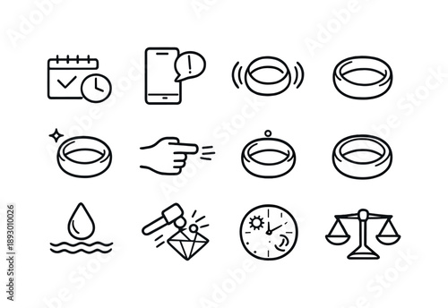 Smart Ring Icon Set. Lifestyle smart ring features. Line icon set of Lifestyle smart ring features: daily routine tracking, smart notification alert, vibration