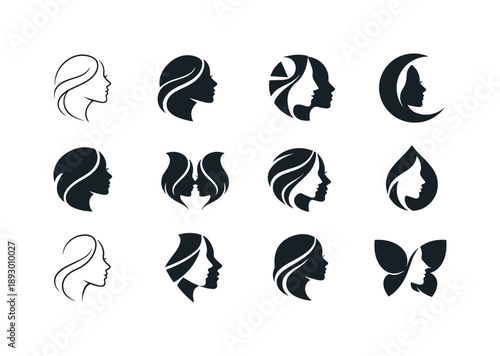 Feminine Beauty Icons. feminine beauty. Icon set. Set Logo of feminine beauty: female face silhouette. harmonious logo variations of the same emblematic