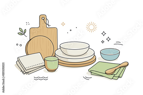 Calm Food Styling. Natural food styling props. Wooden boards, linen napkins, and simple ceramic dishes arranged neatly, creating a calm organic food styling