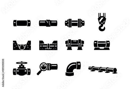 Pipeline Construction Icons. Pipeline construction. Solid icon set of Pipeline construction: pipe segment, welding joint, flange connection, construction crane