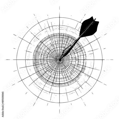 A dart hitting the bullseye on a circular target with concentric rings and radial lines in black and white