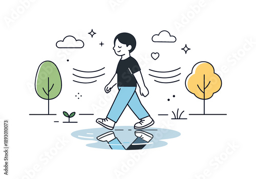 Serene Walkscape. Inner clarity. A quiet walking scene among simple trees and clouds, calm breathing rhythm suggested by motion lines, peaceful reflection and