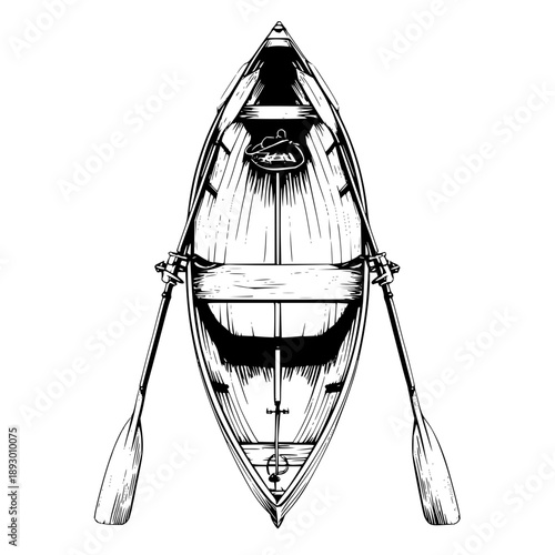 Overhead view of a rowboat with oars extending from the sides in a black and white illustration
