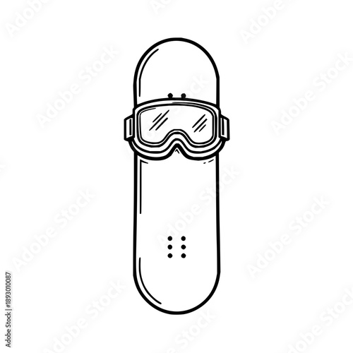 Illustration of a snowboard with rounded edges and goggles positioned on the upper section of the board