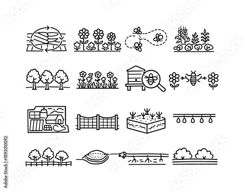 Integrated Farm Icons. Integrated Farm. Line icon set of Integrated Farm: crop rotation field, flower strip, pollinator path, mixed planting, tree line,