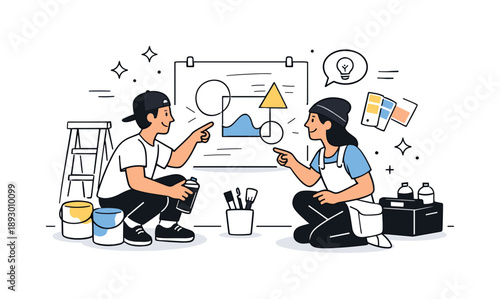 Collaborative Wall Art. Street art and murals. Two artists collaborating on a wall design, discussing shapes and colors before painting. The scene highlights