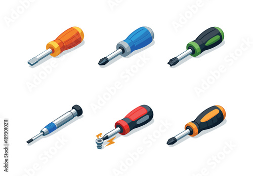 Colorful Screwdriver Icons. Screwdriver set. Isometric flat vector icons set of screwdriver set: flathead screwdriver, Phillips screwdriver, Torx screwdriver,