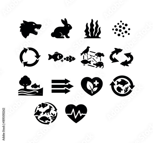 Ecosystem Icon Set. Ecosystem interactions. Solid icon set of Ecosystem interactions: predator icon, prey icon, algae symbol, plankton dot cluster, nutrient