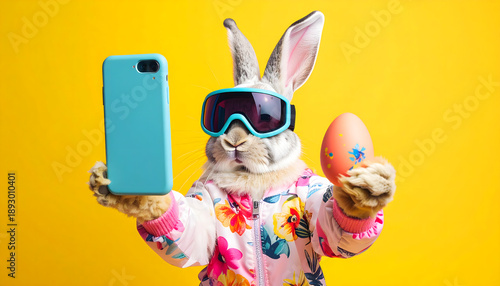 White rabbit wearing a luminous snow suit and snowboard goggles takes a playful selfie with a smartphone while holding an Easter egg. Surreal minimalist winter fashion concept, yellow background