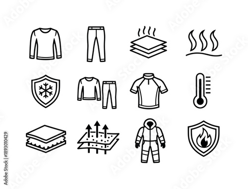 Thermal Wear Icons. Thermal Performance Wear. Line icon set of Thermal Performance Wear: thermal top, thermal leggings, insulation layers, heat retention