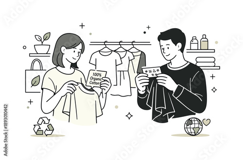 Conscious Clothes Selection. People choosing clothes consciously. Two people comparing clothing labels and fabrics in a calm boutique setting, expressing