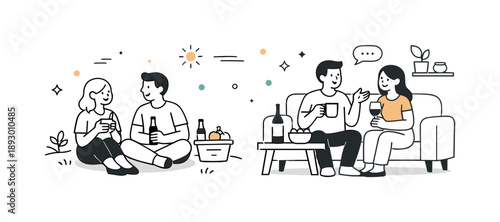 Relaxed Group Gathering. People spending time together overview. A calm editorial scene showing a small group of people chatting, sharing drinks, or enjoying a