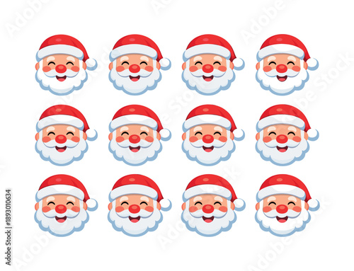 Santa Face Icons. SantaFace. Colorful flat vector icons set of SantaFace: smiling santa face, rosy cheeks, round nose, closed eyes smile, santa hat brim, beard