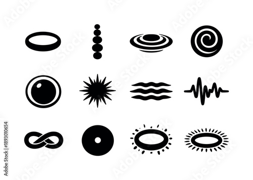 Energy Icon Set. Energy circles. Solid icon set of energy circles: aura ring, chakra circle, healing wave, energy spiral, protective bubble, radiant pulse,