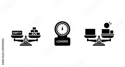 Balance scales showing empty, loaded, and unbalanced states with cargo