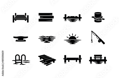 Wooden Dock Icons. EV Charging. Line icon set of EV Charging: electric vehicle, plug connection, battery fill level, charging station stand, charging cable