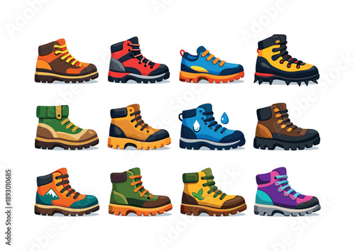 Colorful Outdoor Boots Icons. Outdoor boots. Colorful flat vector icons set of outdoor boots: hiking boot, trekking boot, trail boot, mountaineering boot,
