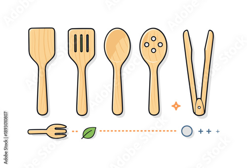 Minimal Bamboo Utensils. Minimal bamboo utensils set. Several bamboo kitchen tools aligned in a tidy row, smooth handles and simple silhouettes. Order,