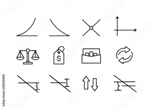 Market Equilibrium Icons. Market Equilibrium. Line icon set of Market Equilibrium: supply curve, demand curve, equilibrium point dot, price axis, quantity