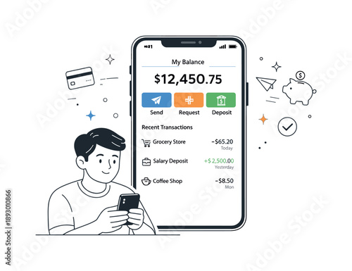 Clean Banking Interface. Banking app interface. A clean smartphone screen showing account balance, recent transactions, and simple action buttons, reviewed by