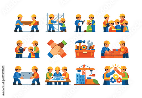 Construction Team Icons. Construction teamwork. Colorful flat vector icons set of construction teamwork: workers cooperation, lifting together, scaffold