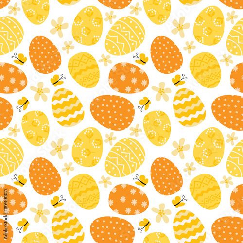 Easter backgrounds for greeting card, fabric design and wrapping paper. Seamless pattern with yellow and orange decorated eggs, butterflies and floral elements. 