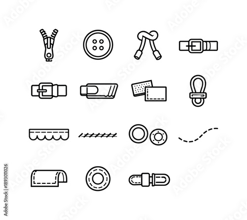 Cover Accessory Icons. Cover accessories. Line icon set of Cover accessories: zipper, button, drawstring, strap, buckle, fastening clip, velcro tab, cover