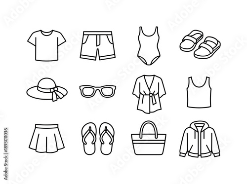 Summer Clothing Icons. Summer clothing. Line icon set of Summer clothing: t-shirt, shorts, swimsuit, sandals, sun hat, sunglasses, beach cover-up, tank top,