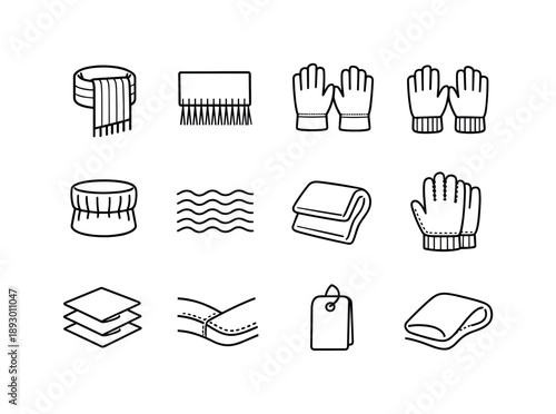 Winter Clothing Icons. Winter Clothing Details. Line icon set of Winter Clothing Details: ribbed scarf, fringe scarf ends, leather gloves, knit gloves, elastic