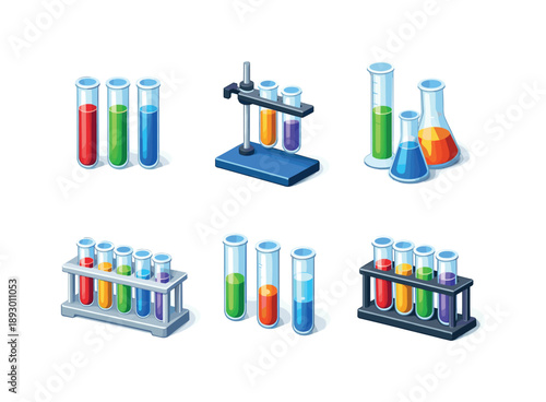 Science Lab Icons. Science Lab. Isometric flat vector icons set of Science Lab: colorful test tube liquids, test tube holder with base, tall lab tubes, varied